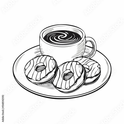 Donuts and coffee on morning breakfast table Image Vector Isolated on white Background.