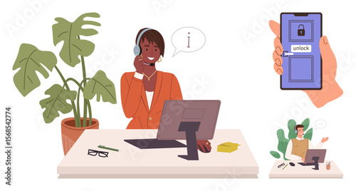 Customer service agent wearing a headset at a desk, helping a client. Nearby, a smartphone with an unlock screen and a remote worker are seen. Ideal for support, technology, teamwork, communication