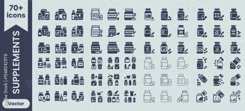 Collection of over seventy dark blue silhouette icons representing various types of health and fitness supplements in bottles and containers on a light grey background