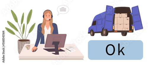 Female call center agent with headset working at computer, handling delivery coordination. Delivery truck with packages. Ideal for logistics, e-commerce, customer service, communication