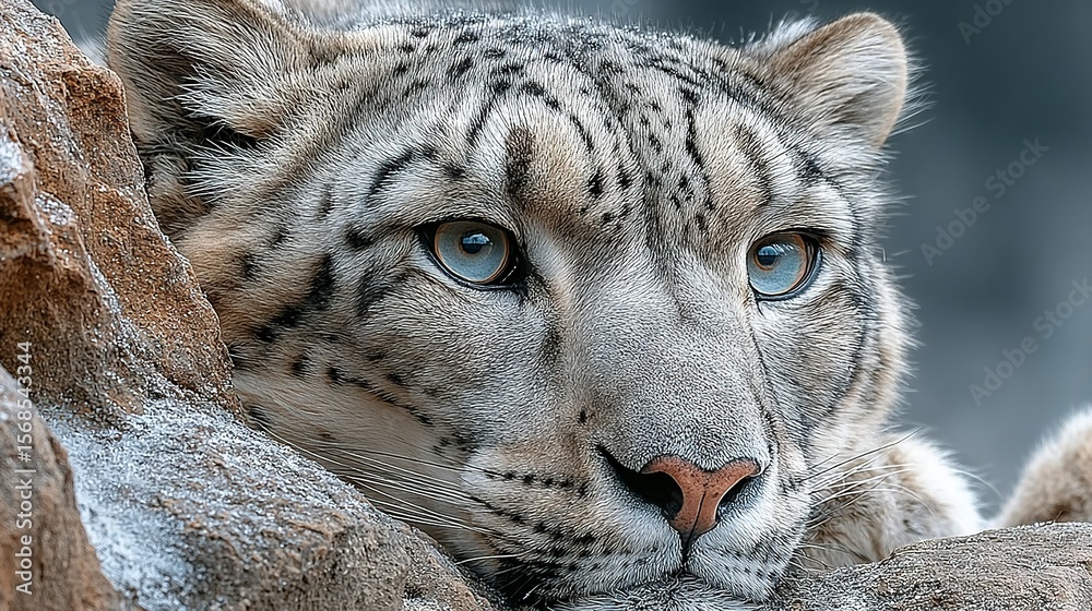 Naklejka premium Snow leopard face with rocks foreground and background