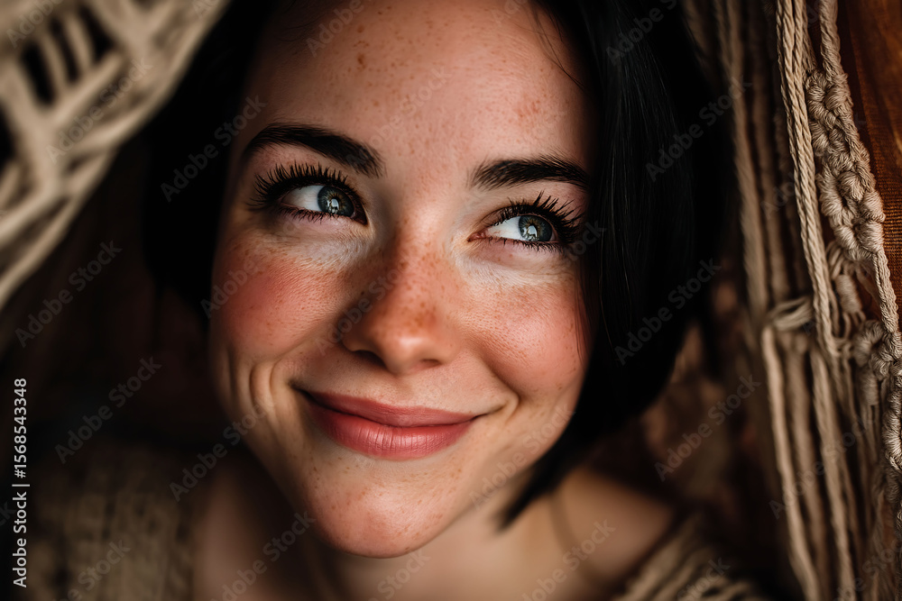 Portrait of a smiling woman in a beige boho dress, with blue eyes and dark brown hair. Sunlight and botanical shadows surround her Portrait of a smiling woman in a beige boho dress, with blue eyes and dark brown hair. Sunlight and botanical shadows surround her
