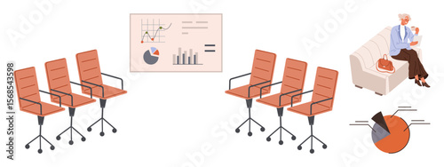 Rows of office chairs, analytics charts with graphs, and a woman holding a baby on a couch. Ideal for work-life balance, business, analysis, productivity, parenting, multitasking modern lifestyle