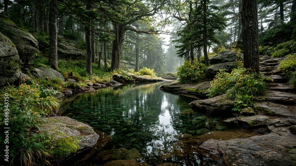 Obraz premium A forest path meanders, lined by tall trees and lush greenery