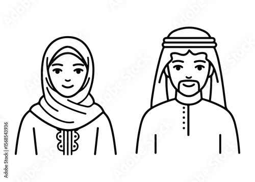 Arab couple woman in hijab and man in kufiya, line icon. Arabic people family in traditional clothes sign. Culture and tradition concept. Vector illustration