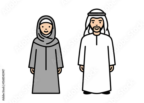 Arab woman in hijab and man in kufiya, line icon. Arabic people in traditional clothes full length sign. Culture and tradition concept. Vector illustration