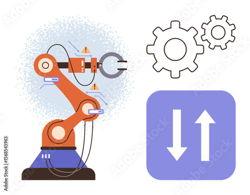Robotic arm performing tasks with mechanical gears and up-down arrows representing automation concepts. Ideal for industry, innovation, robotics, AI, process workflow, productivity, technology