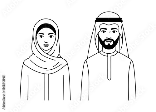 Arab woman in hijab and man in kufiya, line image. Arabic people in traditional clothes sign. Culture and tradition concept. Vector illustration