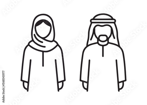 Woman in hijab and man in kufiya arab family, line icon. Arabic people in traditional clothes sign. Culture and tradition concept. Vector illustration