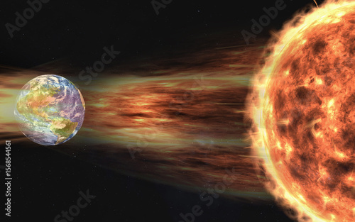 Fototapeta Naklejka Na Ścianę i Meble -  A dramatic visualization of the Sun emitting solar wind toward Earth. The glowing plasma stream collides with the planets magnetic shield. Elements of 3D rendered illustration were furnished by NASA