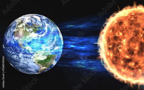 Fototapeta Naklejka Na Ścianę i Meble -  Earth and the Sun connected by a vibrant blue energy stream. The Sun radiates intense heat into the Earth planet in space. Elements of this vertical 3D rendered illustration were furnished by NASA.