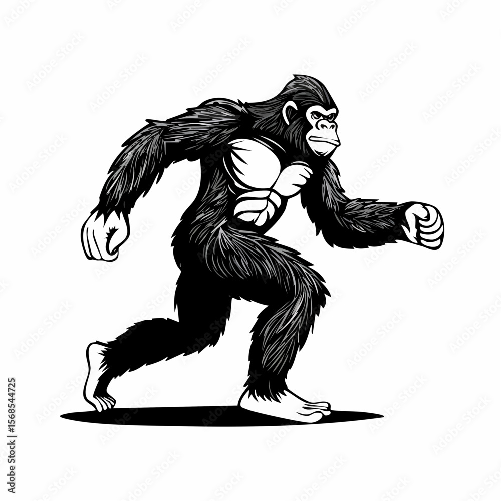 Fototapeta premium Black and white Bigfoot Running Vector Illustration isolated on white background.