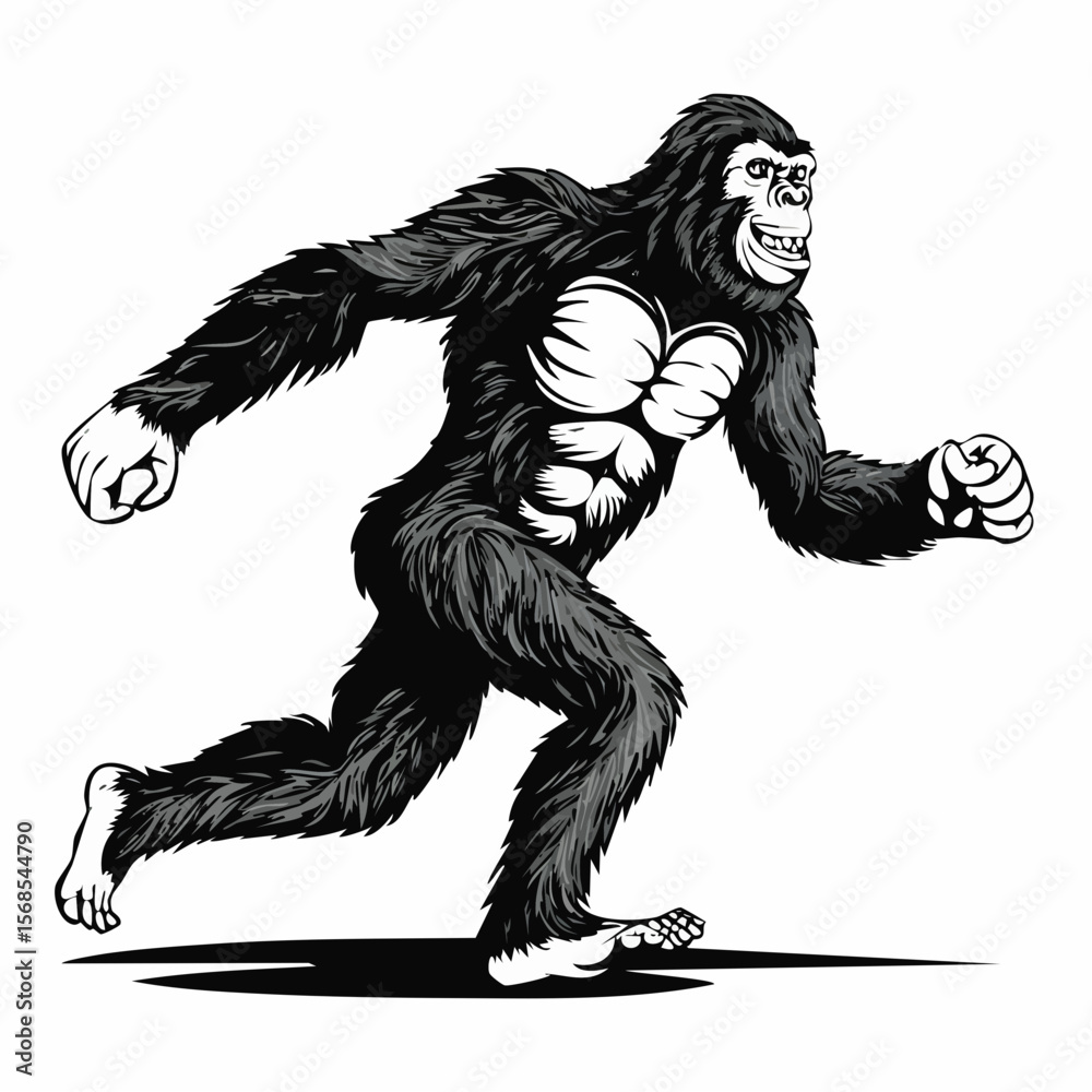 Fototapeta premium Black and white Bigfoot Running Vector Illustration isolated on white background.