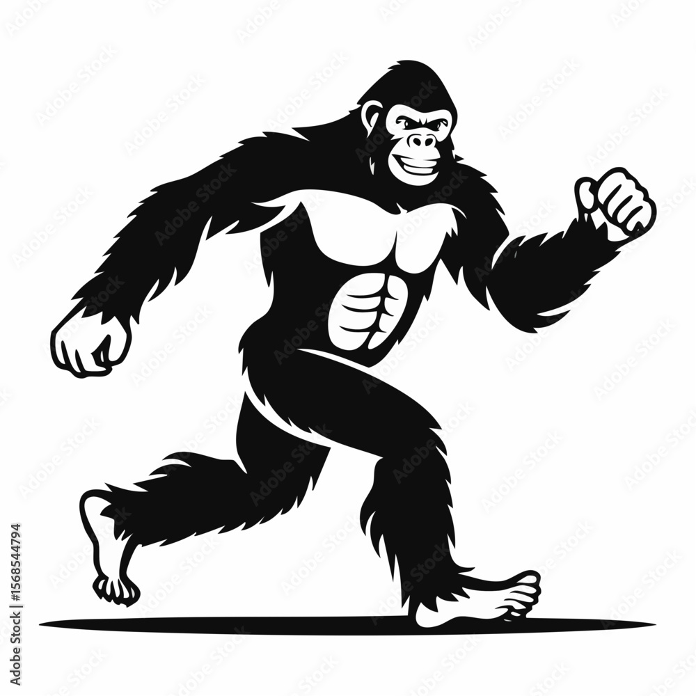 Fototapeta premium Black and white Bigfoot Running Vector Illustration isolated on white background.