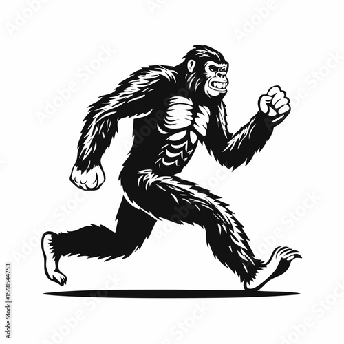 Black and white Bigfoot Running Vector Illustration isolated on white background.