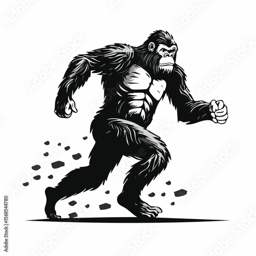 Black and white Bigfoot Running Vector Illustration isolated on white background.