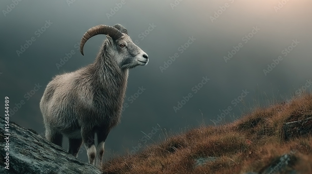 Fototapeta premium Mountain goat perched on green hill, foggy sky behind, grassy terrain