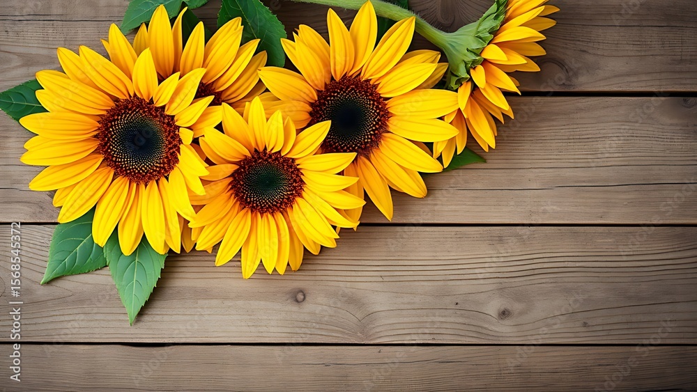 Obraz premium Sunflower arrangement on a rustic wooden surface with warm yellow tones.