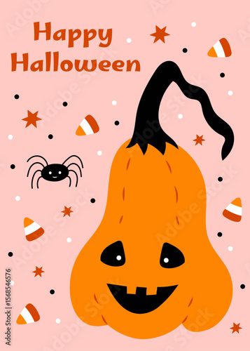 Cute halloween pumpkin postcard with spider and candys at the background,vector illustration.