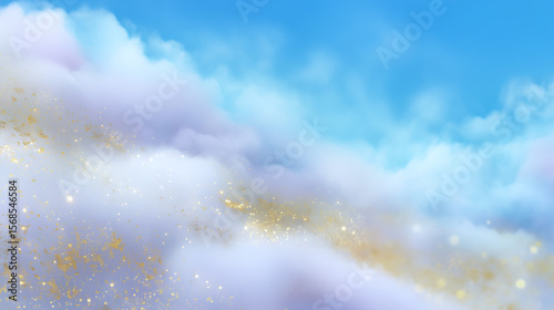 Soft pastel sky with clouds and golden sparkles on blue gradient background, dreamy and magical for wedding design or baby announcement themes