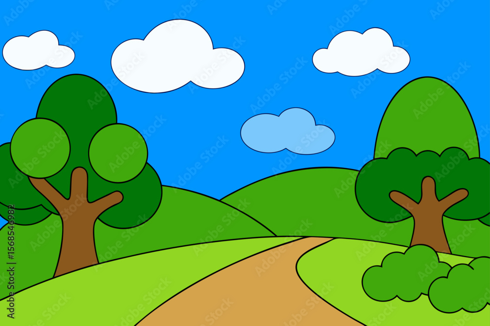 Fototapeta premium Vector Illustration Of An Idyllic Landscape With A Footpath