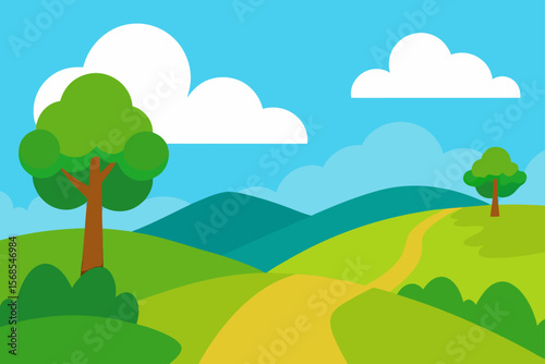 Vector Illustration Of An Idyllic Landscape With A Footpath
