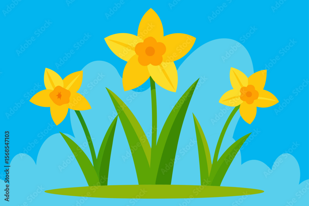 Naklejka premium Nature Scene With Yellow Daffodil Flowers In Garden