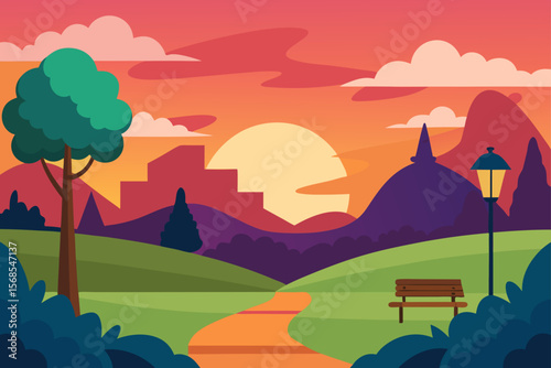 Landscape Background Design Of Park At Sunset Illustration