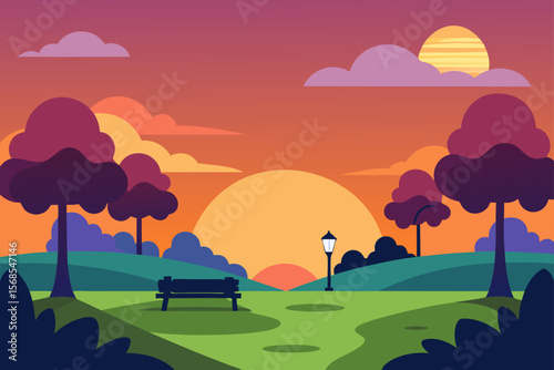 Landscape Background Design Of Park At Sunset Illustration