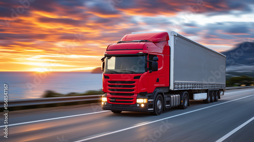 Red European tractor-trailer rolls along coastal highway at dusk, sun low on horizon paints sky in fiery hues, cargo secure under tarp, representing cross-country delivery and logi