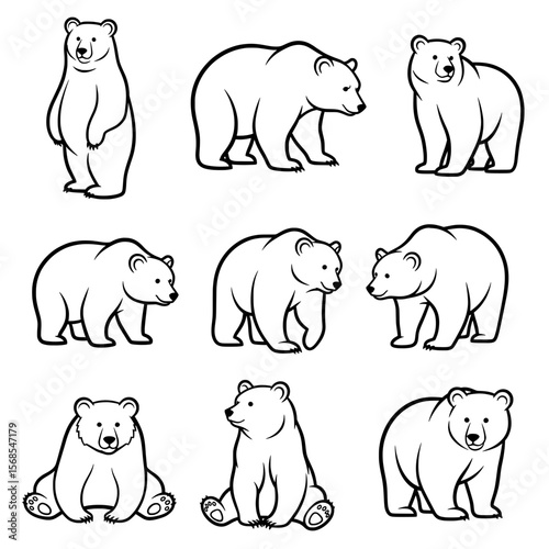 A charming vector collection of bears in various poses: standing, walking, and sitting. Rendered in clean, stylized black and white line art, emphasizing their sturdy forms.