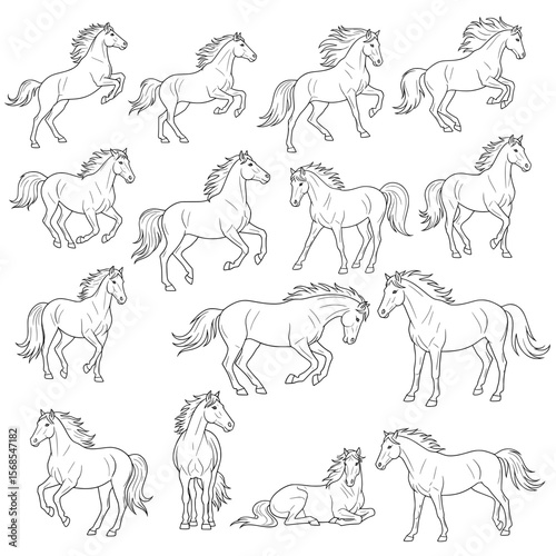 A versatile vector collection of horses in various dynamic and static poses: galloping, trotting, standing, and resting. Rendered in clean black and white line art.