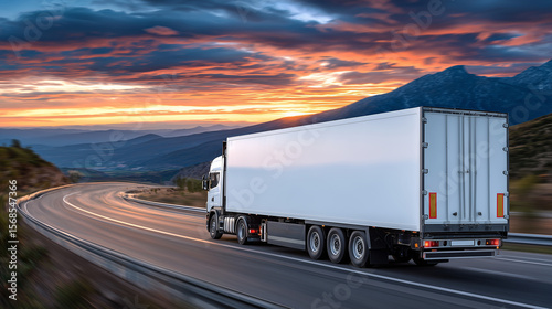 Rear view of truck with large container moving through highway curves, sunset sky ablaze with orange and red tones, dynamic scene of freight transport and road logistics