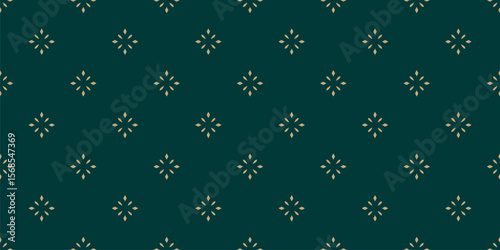 Luxury golden minimalist background. Vector geometric seamless pattern with small diamond shapes, stars, flowers. Subtle gold and dark green shiny abstract texture. Simple minimal repeated geo design