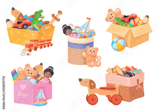 Cartoon toys boxes. Toy box cardboard package or plastic container for baby room organization, kid play chest kindergarten game happy childhood gift block, neat vector illustration