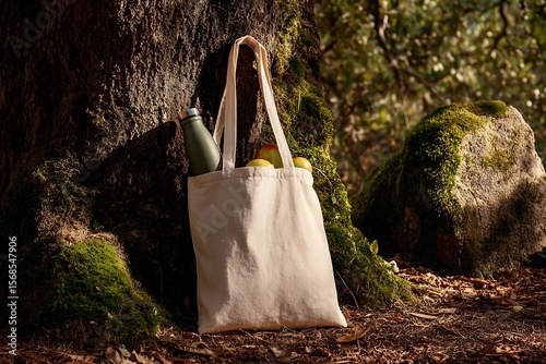 Reusable canvas tote bag filled with apples and a water bottle leaning against a mossy tree trunk