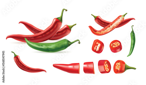 Realistic chili pepper. 3d red hot peppers, spicy fresh vegetable cayenne isolated paprika natural cooking spice mexican kitchen hottest sauce food, set exact vector illustration