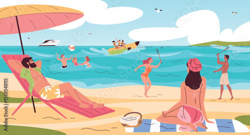People resting on beach. Family summer vacation, friends chill seaside island surfing swim sea ocean water landscape sunbathing relax lying sun parasol, classy vector illustration
