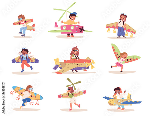 Kids cardboard wings. Child in airplane pilot paper box craft costume, plane toy fun play cute boy girl wing dreaming fly cartoon baby kid flying uniform classy vector illustration