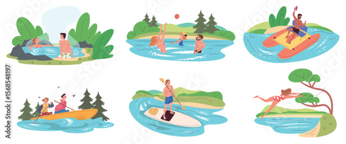 People swim in river. Family water recreation, swim lake ride pedal boat children swimming pond summer camp hiking wild nature landscape forest rest, classy vector illustration