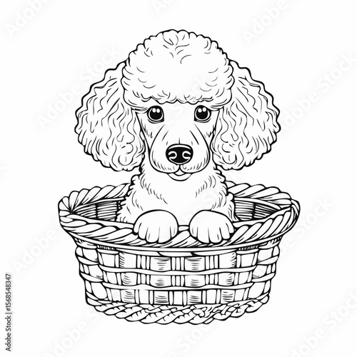 Poodle Puppy Sits in a Wicker Basket Image vector isolated on white Background.