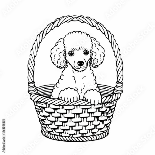 Poodle Puppy Sits in a Wicker Basket Image vector isolated on white Background.