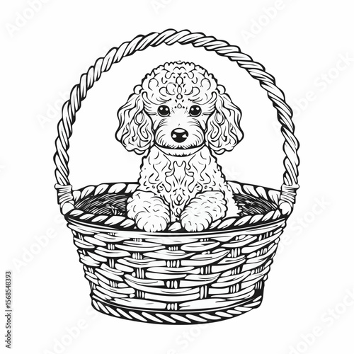 Poodle Puppy Sits in a Wicker Basket Image vector isolated on white Background.