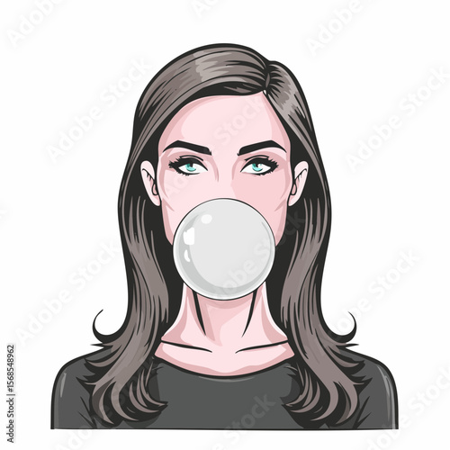 Woman Blowing Bubble Bubble Gum Image vector isolated on white background.