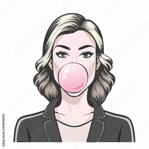 Woman Blowing Bubble Bubble Gum Image vector isolated on white background.