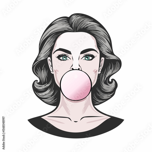 Woman Blowing Bubble Bubble Gum Image vector isolated on white background.