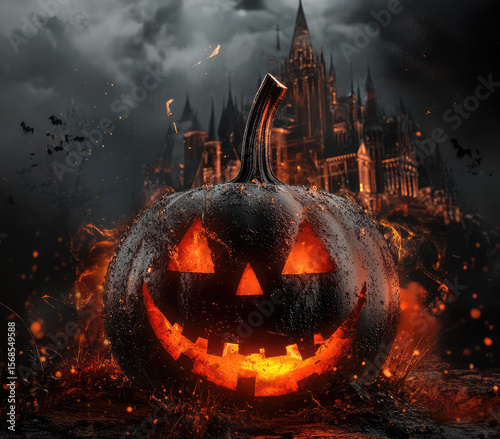 Halloween jack o lantern pumpkin in the night in front of a castle.