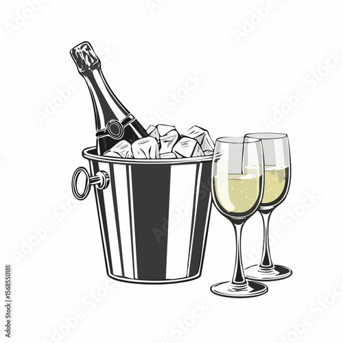 Champagne bottle in bucket with ice and glasses of champagne isolated on white Background.