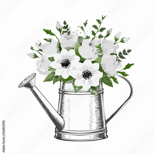 Water can with a bouquet flowers spring Image Vector Isolated on white background.