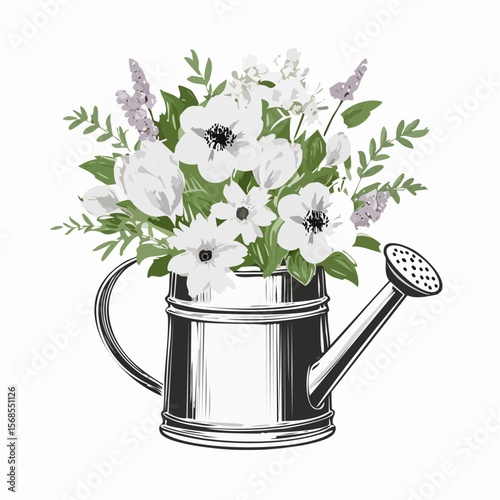 Water can with a bouquet flowers spring Image Vector Isolated on white background.